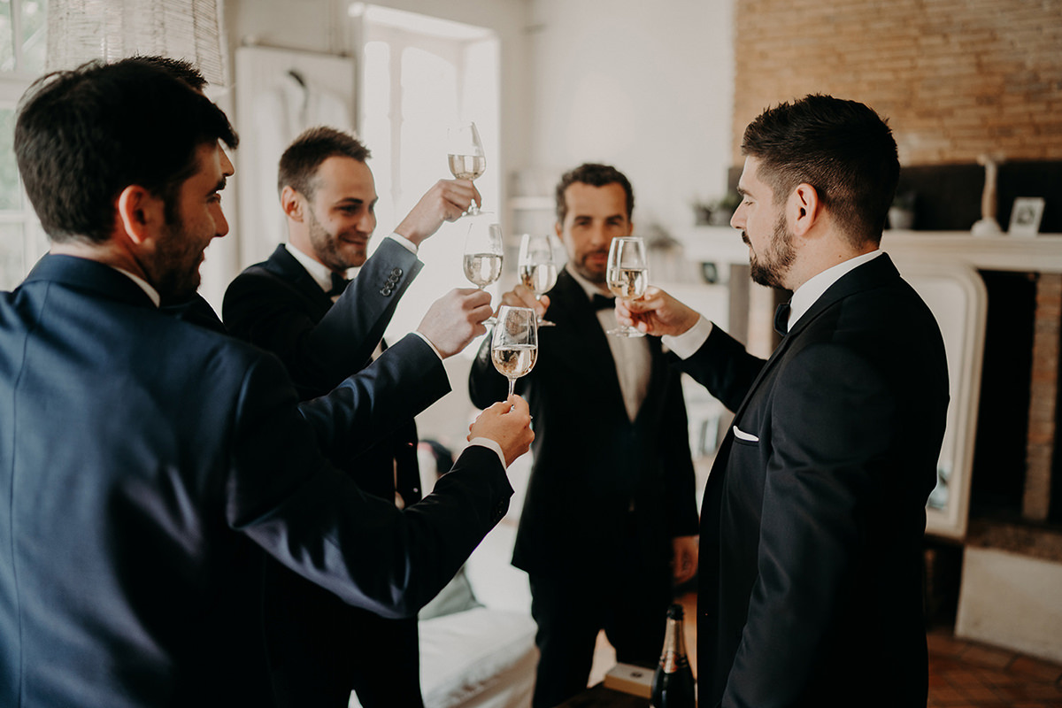 groom groomsmen drinking wedding loire France