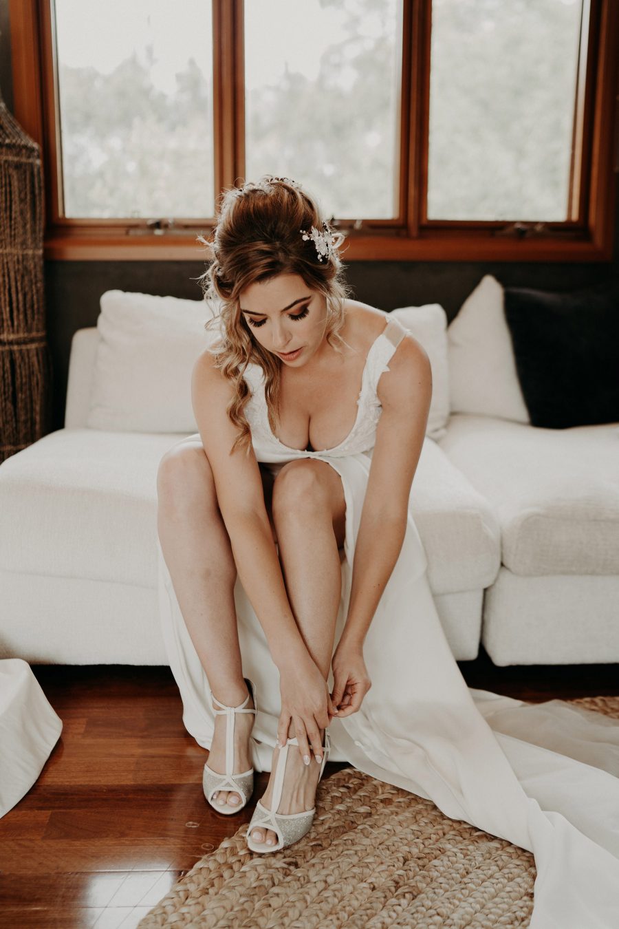 sydney boho elegant wedding. bride putting her shoes on