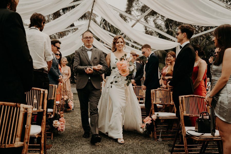 sydney boho elegant wedding. bride's ceremony entrance with her father