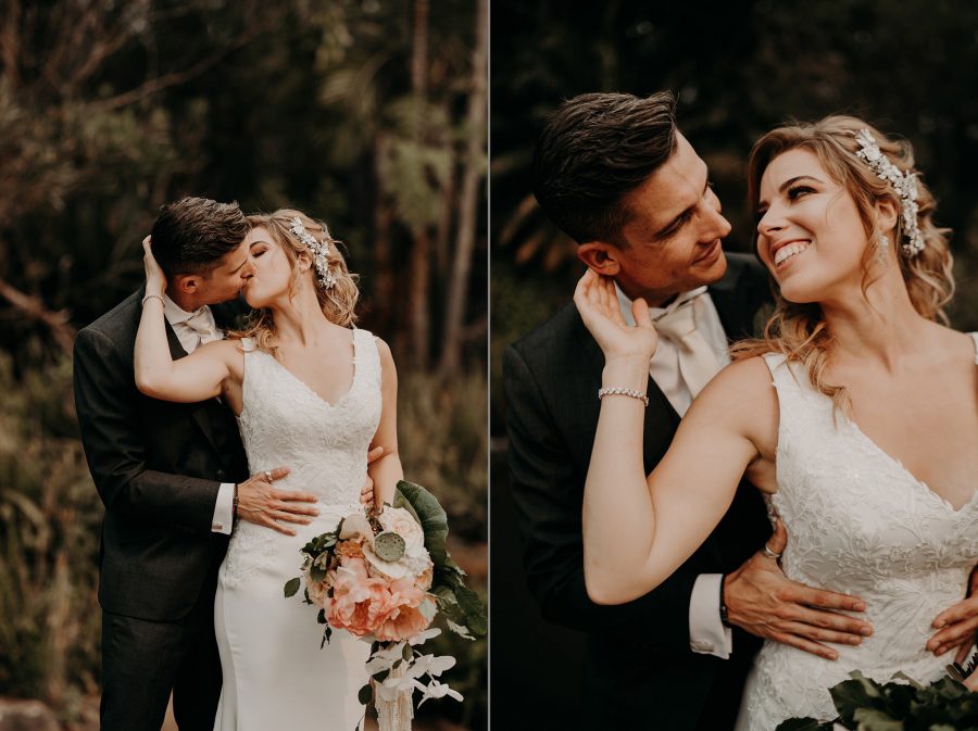 sydney boho elegant wedding. bride and groom kissing