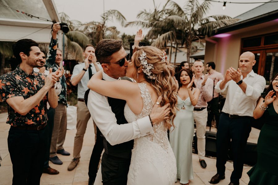 sydney boho elegant wedding. bride and groom kissing